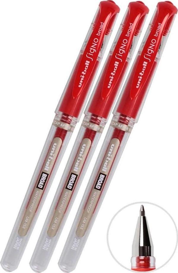 Kırmızı İmza Kalemi 3 Adet Uniball Signo Broad1.0 mm Roller Pilot Kalem Um-153 Roller Uçlu Likit Mürekkepli Pilot Kalem - Image 1