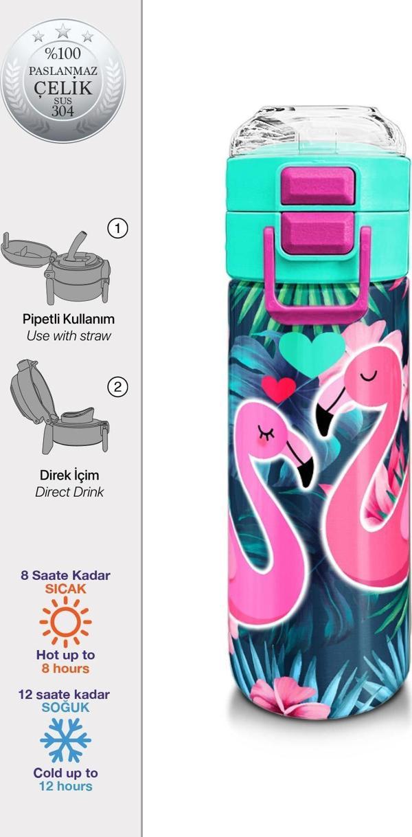 Coral High Kids Neon Mercan Su Yeşili Flamingo Desenli Pipetli ve Direkt İçim Çelik Termos 500 ml 31819 - Image 1