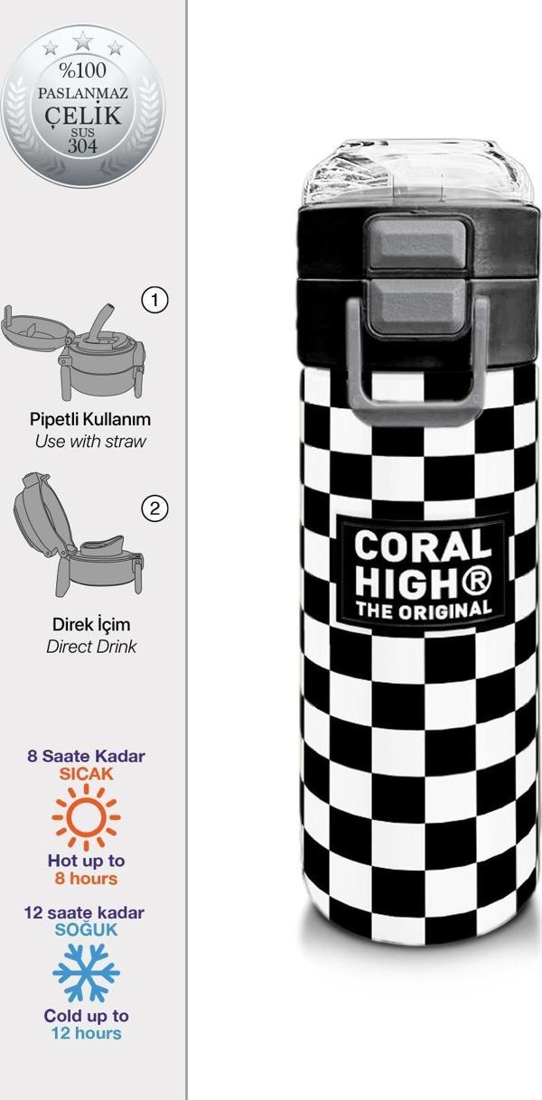 Coral High Kids Siyah Beyaz Dama Desenli Pipetli ve Direkt İçim Çelik Termos 500 ml 31877 - Image 1