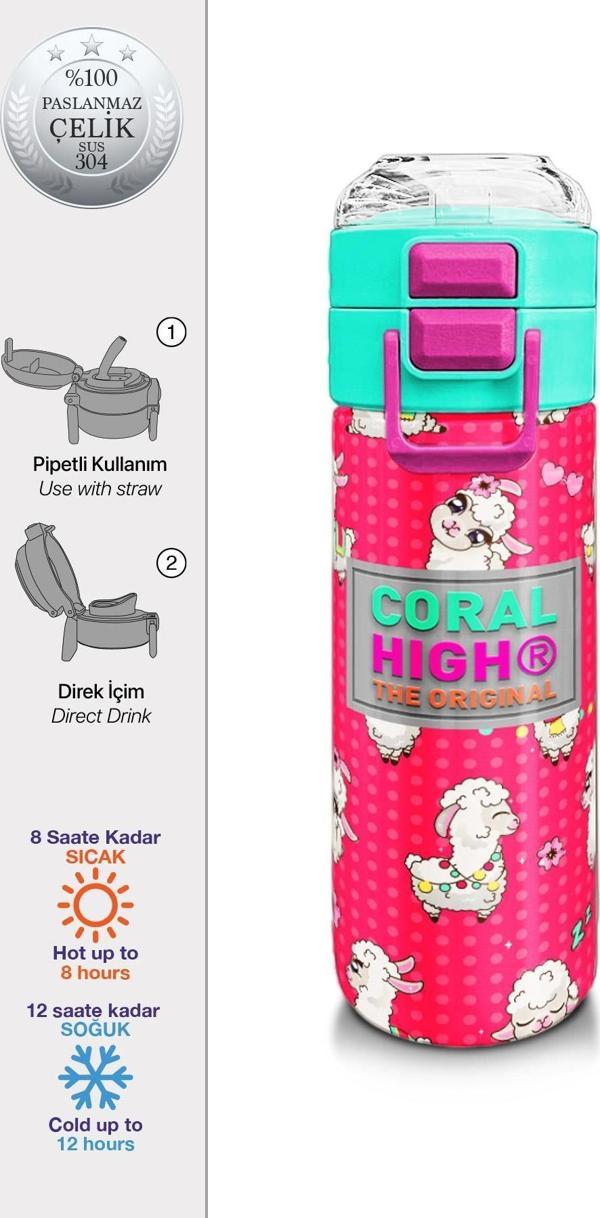 Coral High Kids Neon Mercan SuYeşili Alpaka Desenli Pipetli ve Direkt İçim Çelik Termos 500 ml 31914 - Image 1