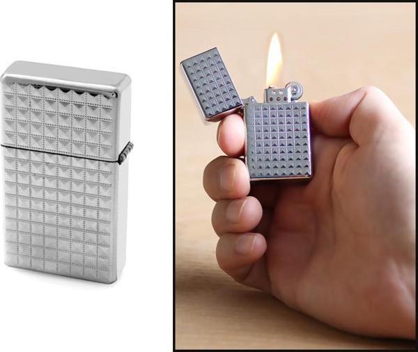 Kişiye Özel İsim Yazılı Zippo Tasarım Kare Desenli Gümüş Renk Taşlı Çakmak - Image 1