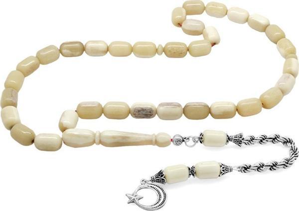 925 Ayar Gümüş Halat Püsküllü Kapsül Kesim Naturel Renk Deve Kemiği Tesbih - Image 1