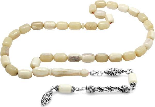 Kararmaz Metal Gümüş Halat Püsküllü Kapsül Kesim Naturel Renk Deve Kemiği Tesbih - Image 1