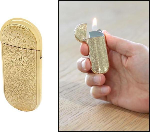 Kişiye Özel İsim Yazılı Sarı Renk Sarmaşık İşlemeli Oval Tasarım Taşlı Çakmak - Image 1