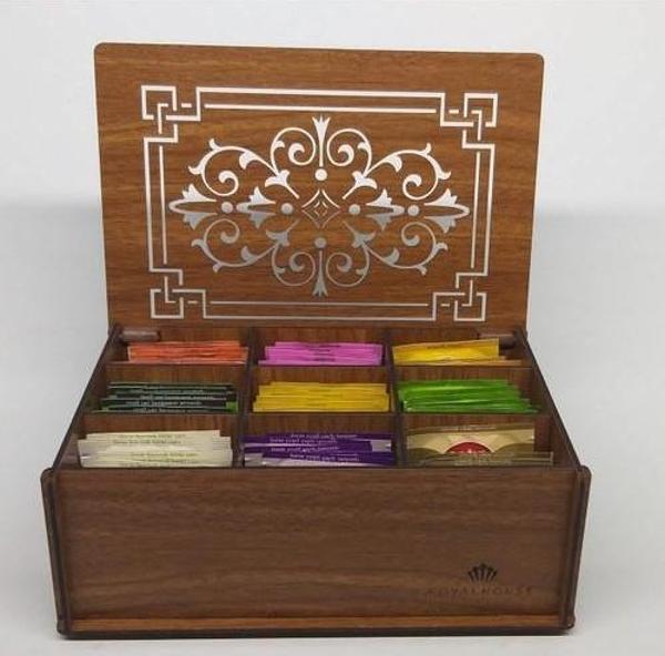 Ahşap Ceviz Renk Çay Kutusu 9 Bölmeli Kapaklı Bitki Çayı Saklama Kabı ( Çaylar Dahil) Tea Box - Image 1