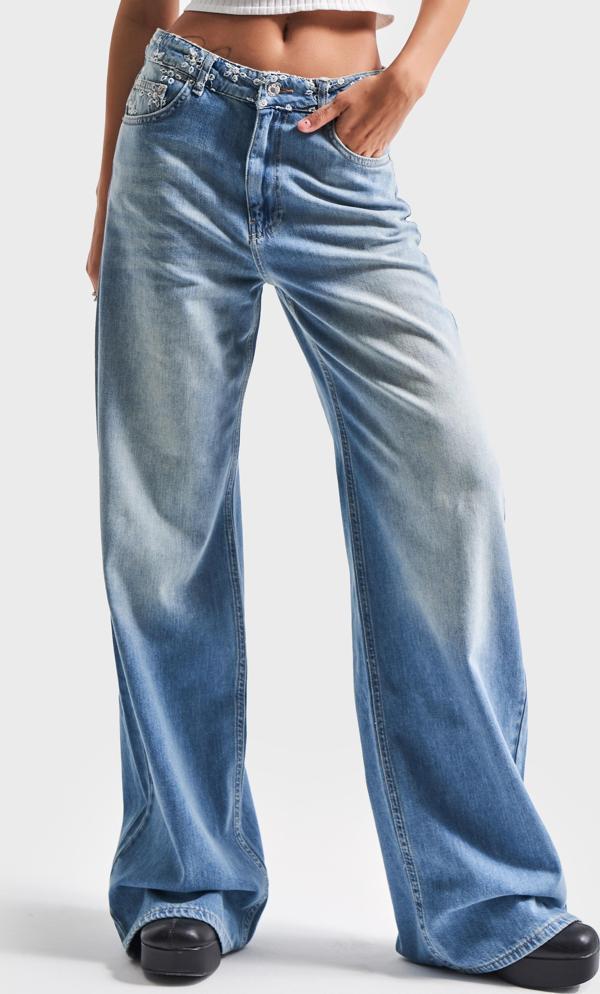 Kadın Kot Rengi 2S5-75 Midrise Wide Leg Kemeri Çiçek Nakışlı %100 Koton Tasarım Denim Jean - Image 1