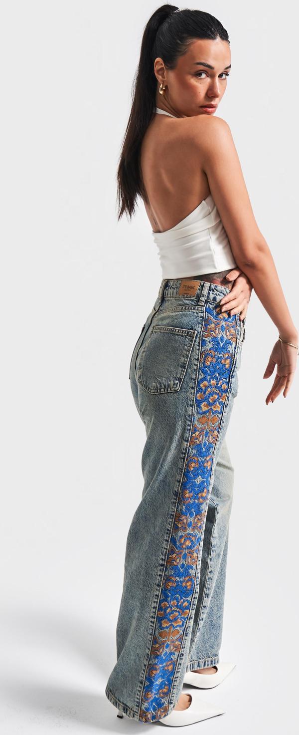 Kadın T.Kot Rengi 4S5-32 Yandan Nakışlı Straight Fit Yüksek Bel Tasarım Denim Jean - Image 1