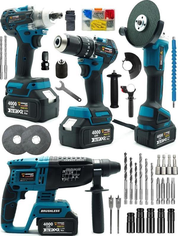 Germany Style 4 Akülü 4'lü Set Delici Kırıcı Hilti -125mm Taşlama-Somun Sökme 13mm Darbeli Matkap - Image 1