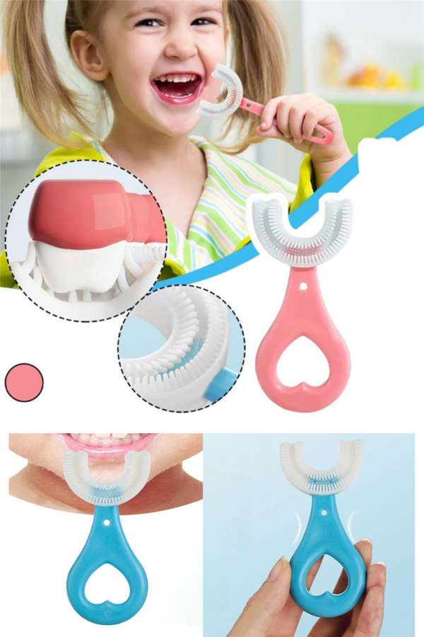 Çocuk Diş Fırçası U Şeklinde Pratik Bebek Diş Fırçası Saplı 2-6 Yaş PEMBE 360 Derece Dönebilen - Image 1