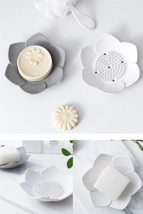 2 Adet Lotus Desenli Sabun Ve Sünger Tutacağı Silikon (BEYAZ) Su Giderli Lotus Şekilli Sabunluk - Image 1