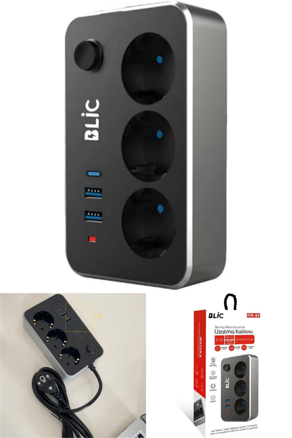 2 Metre Siyah Akım Çocuk Korumalı Uzatma Kablosu Çoklu Priz 2 Usb Type-C 3lü Grup - Image 1