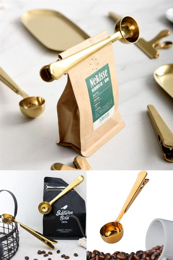 Paslanmaz Çelik Çay Kahve Bitki Çayı Mutfak Ölçü Kaşığı ve Paket Klipsi Gold - Image 1