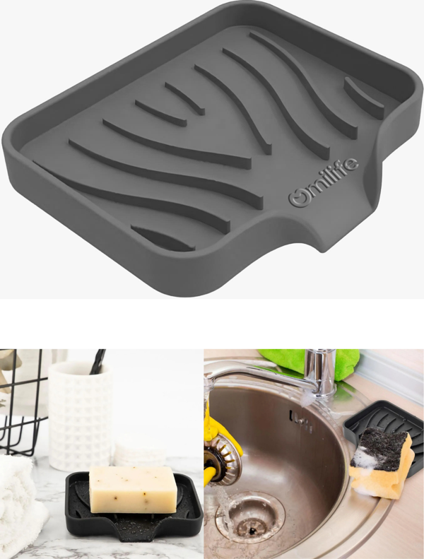 Gri Silikon Mutfak, Banyo Su Giderli Vantuzlu Esnek Sabunluk - Image 1