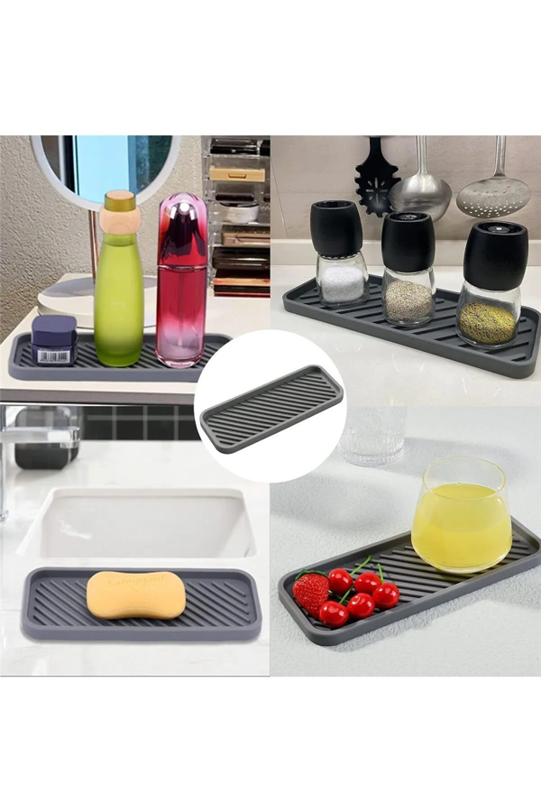 Gri Silikon Yağdanlık Yağlık Standı Altlık Çok Amaçlı Organizer Sunumluk Sabunluk Altlığı 23x10 Cm - Image 1