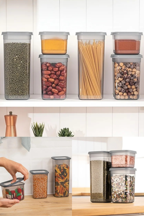6 Adet 12 Parça 600 ml Kare Erzak Bakliyat Saklama Kabı Seti Baharatlık - Image 1