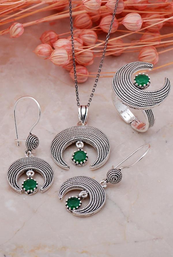 Ay Tasarım Telkari Kök Zümrüt Taşlı Elişi Gümüş Set 07 - Image 1