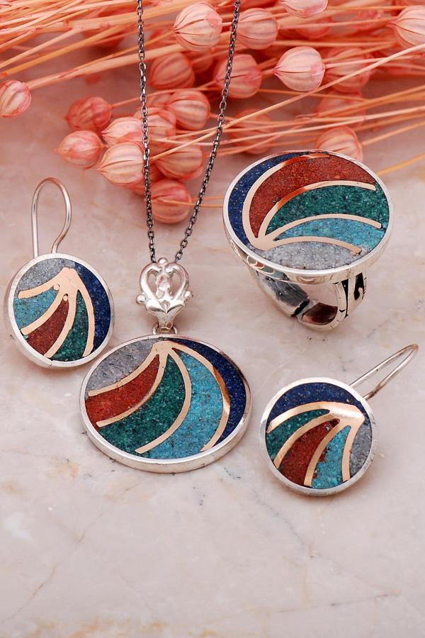 Mozaik İşlemeli Elişi Renkli Gümüş Set 09 - Image 1