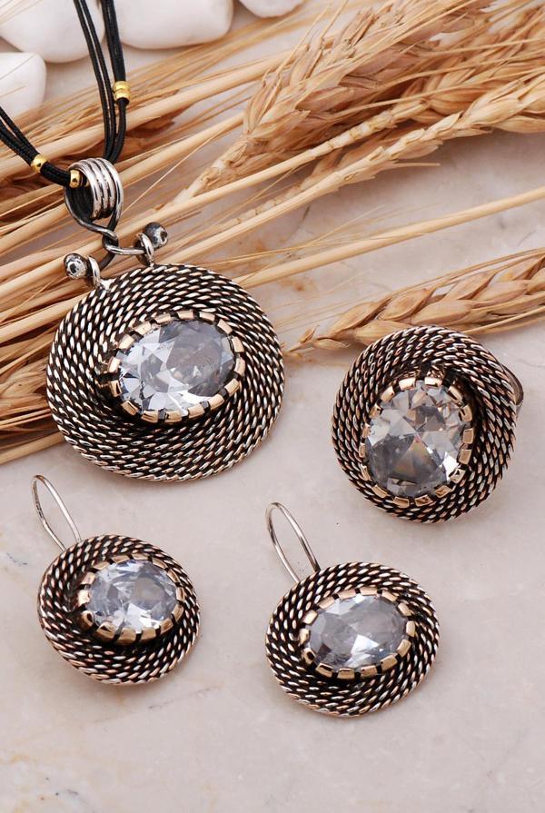 Kuvars Taşlı Tel Sarma Elişi Gümüş Set 12 - Image 1