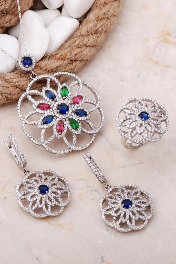 Tasarım Çiçek Rodyumlu Gümüş Set 20 - Image 1