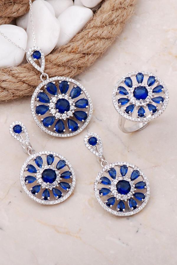 Safir Taşlı Çiçek Tasarım Rodyumlu Gümüş Set 21 - Image 1