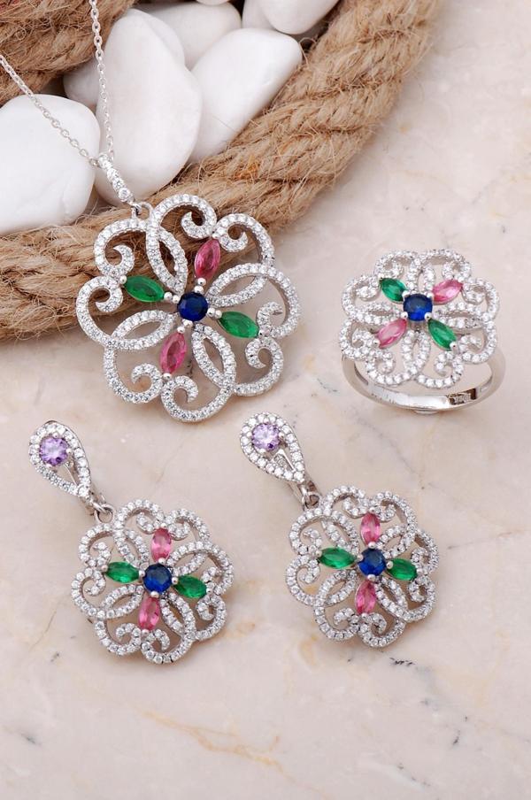 Çiçek Tasarım Rodyumlu Gümüş Set 23 - Image 1