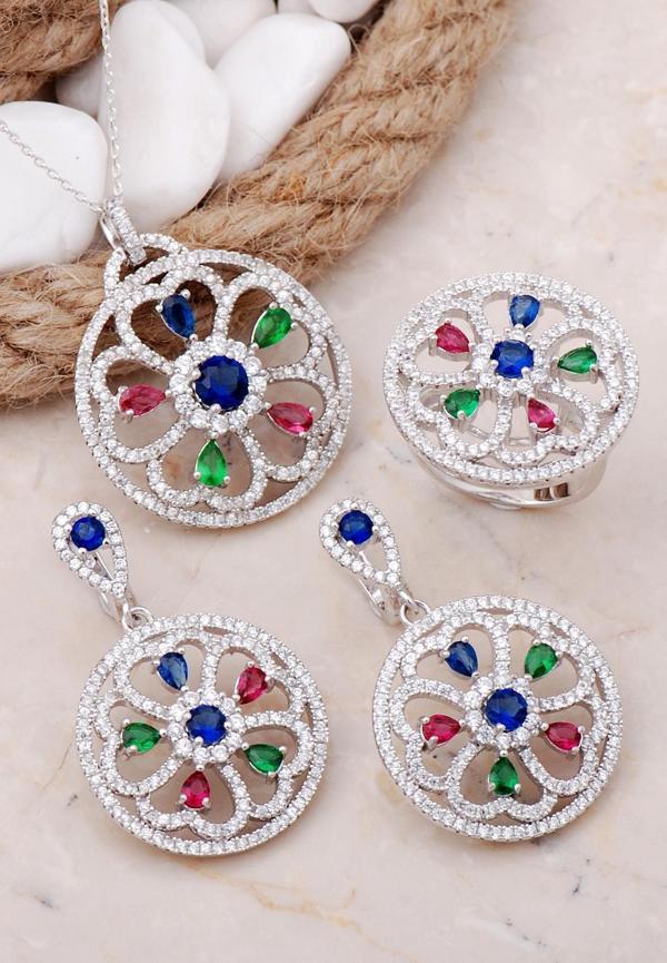 Çiçek Tasarım Rodyumlu Gümüş Set 25 - Image 1