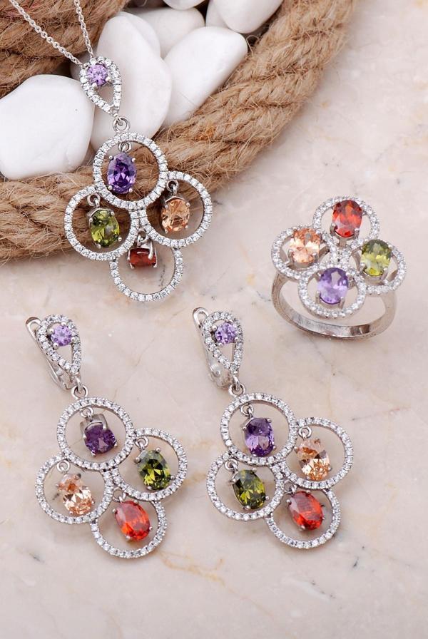 Renkli Tasarım Rodyumlu Gümüş Set 26 - Image 1