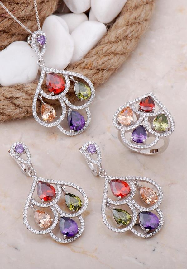 Damla Renkli Taşlı Tasarım Rodyumlu Gümüş Set 27 - Image 1