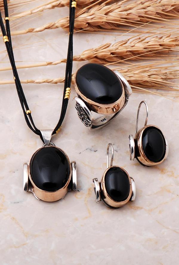 Oltu Taşlı Çekiç Dövme El Yapımı Gümüş Set 1027 - Image 1