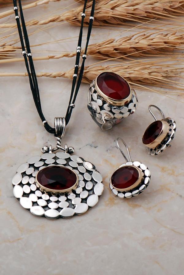 Pullu Elişi Kök Yakut Taşlı Gümüş Set 1233 - Image 1