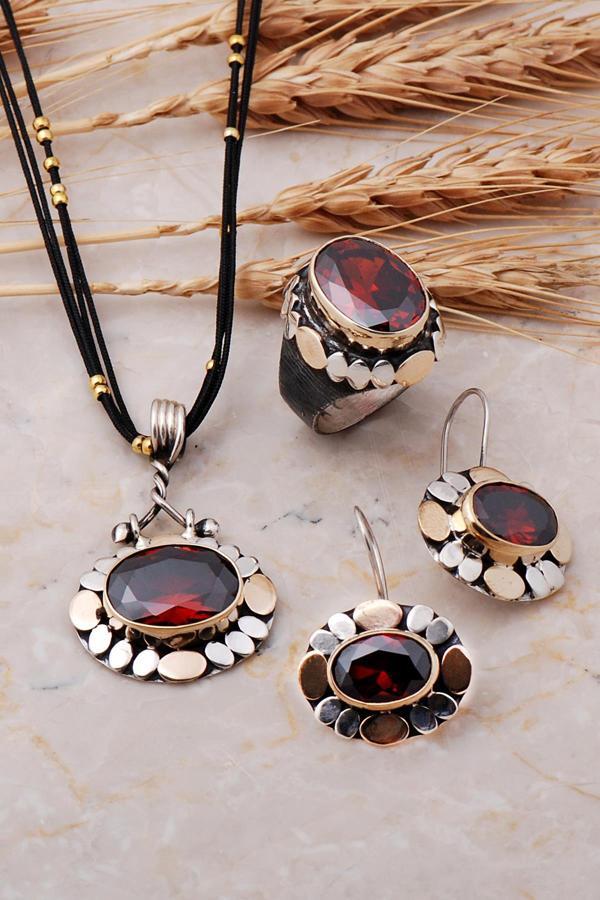 Pullu Elişi Granat Taşlı Gümüş Set 1264 - Image 1