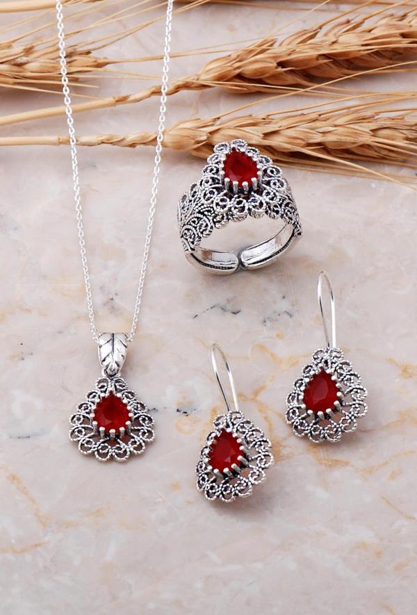 KÖK YAKUT TAŞLI TELKARİ EL YAPIMI GÜMÜŞ SET 1495 - Image 1