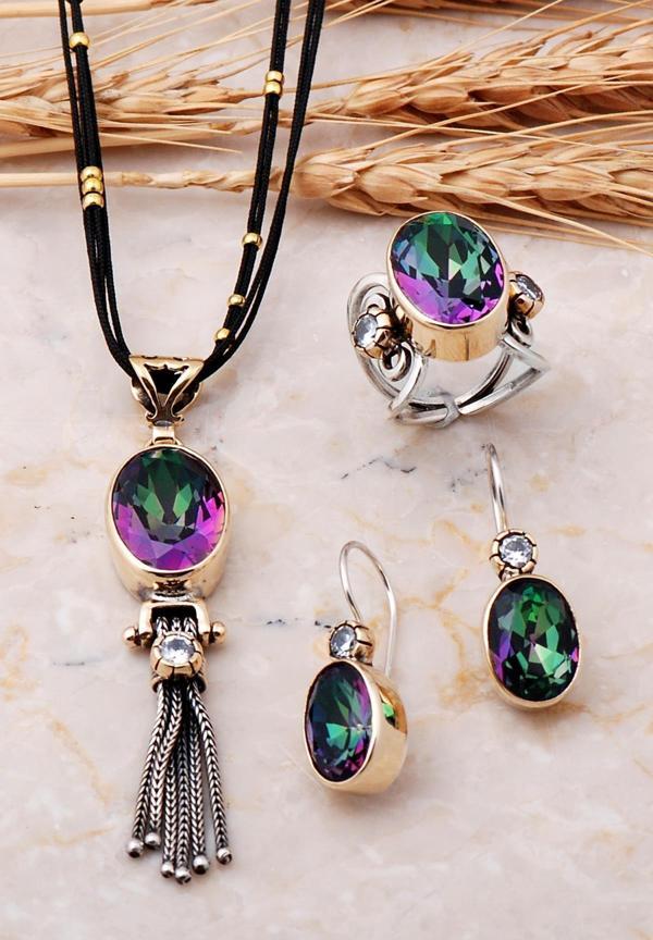 Mistik Topaz Taşlı El Yapımı Tasarım Gümüş Set 1723 - Image 1