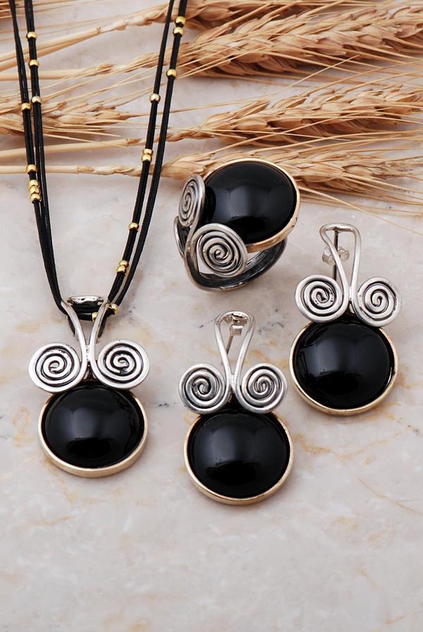 Oniks Taşlı Tasarım Elişi Gümüş Set 1731 - Image 1
