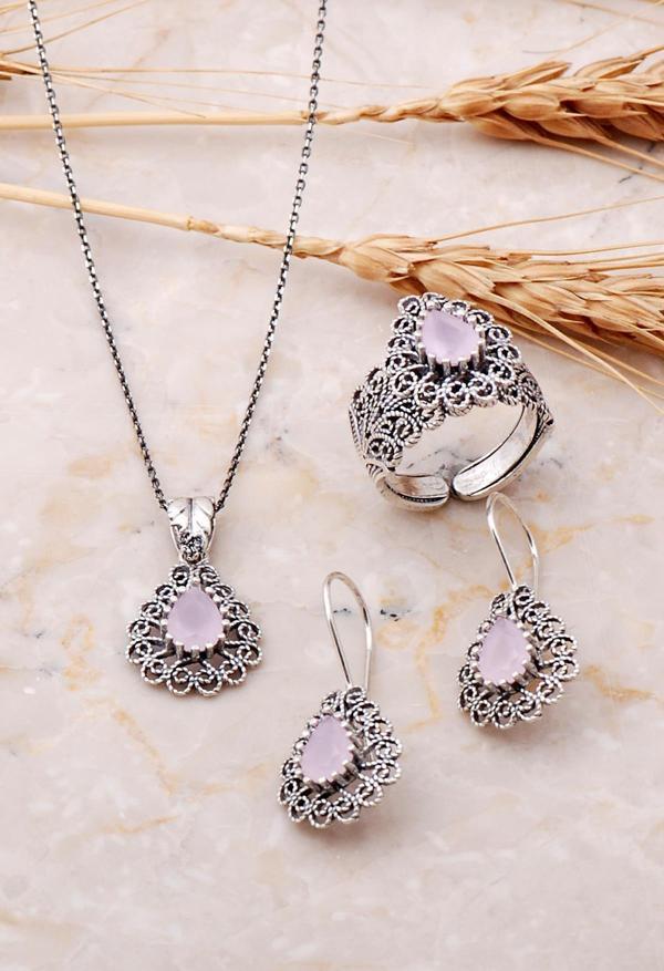 Damla Tasarımlı Telkari İşlemeli Pembe Quartz Taşlı Gümüş set 1886 - Image 1