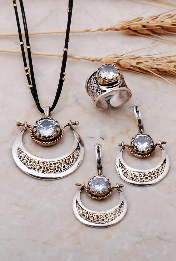 Quartz Taşlı Testi Tasarım Elişi Gümüş Set 1969 - Image 1