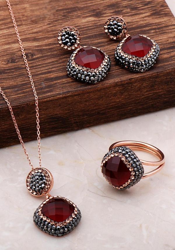 Lal Taşlı Rose Gümüş Set 2065 - Image 1