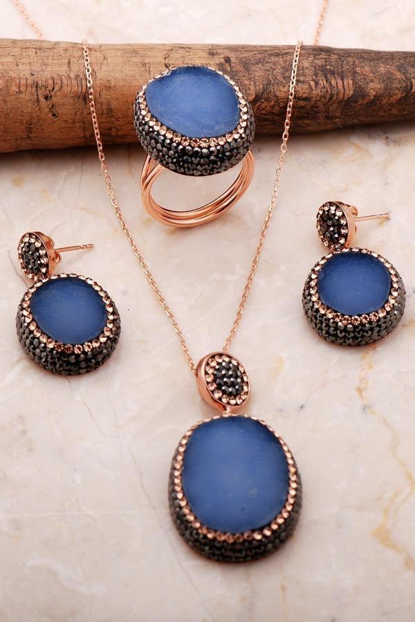 Kalsedon Taşlı Rose Gümüş Set 2091 - Image 1