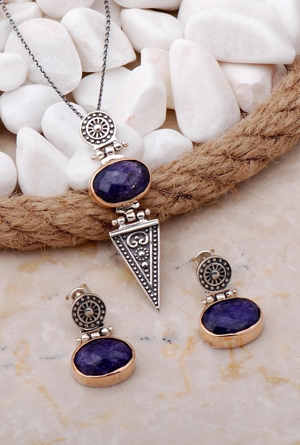 Safir Antik Tasarım Elişi Gümüş Set 2102 - Image 1