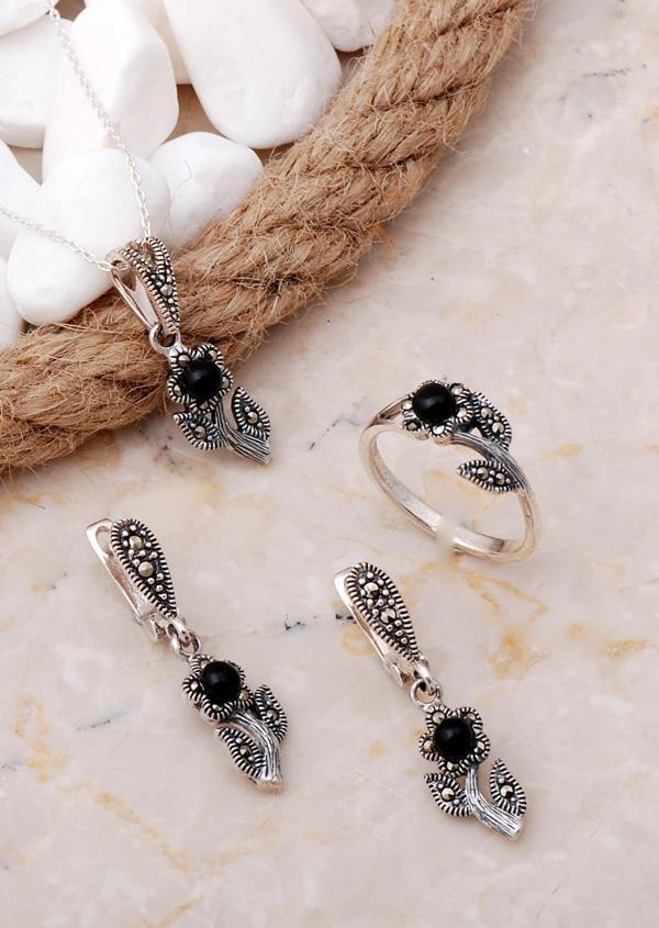 Markazit Taşlı Çiçek Tasarımlı Gümüş Set 2124 - Image 1