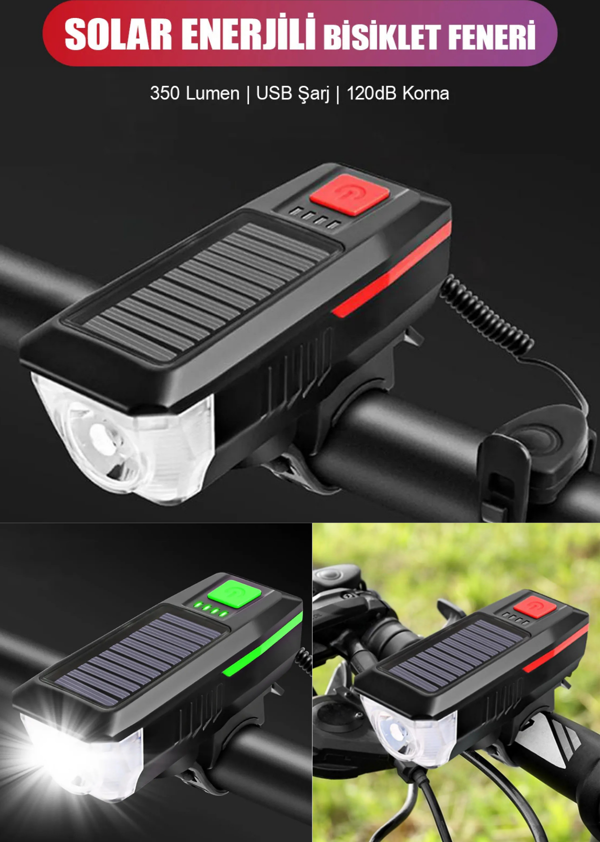 Su Geçirmez Güneş Enerjili Led Işıklı Bisiklet Farı - Kornalı Usb Ile Şarj Edilebilir Fener - 11 Cm - Image 1
