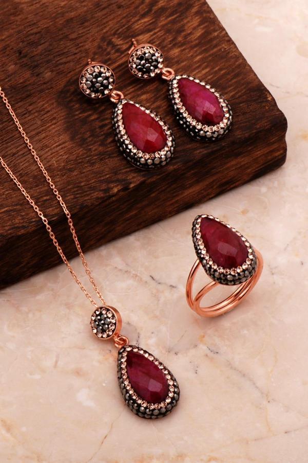 Rose Gümüş Kök Yakut Damla Set 2188 - Image 1