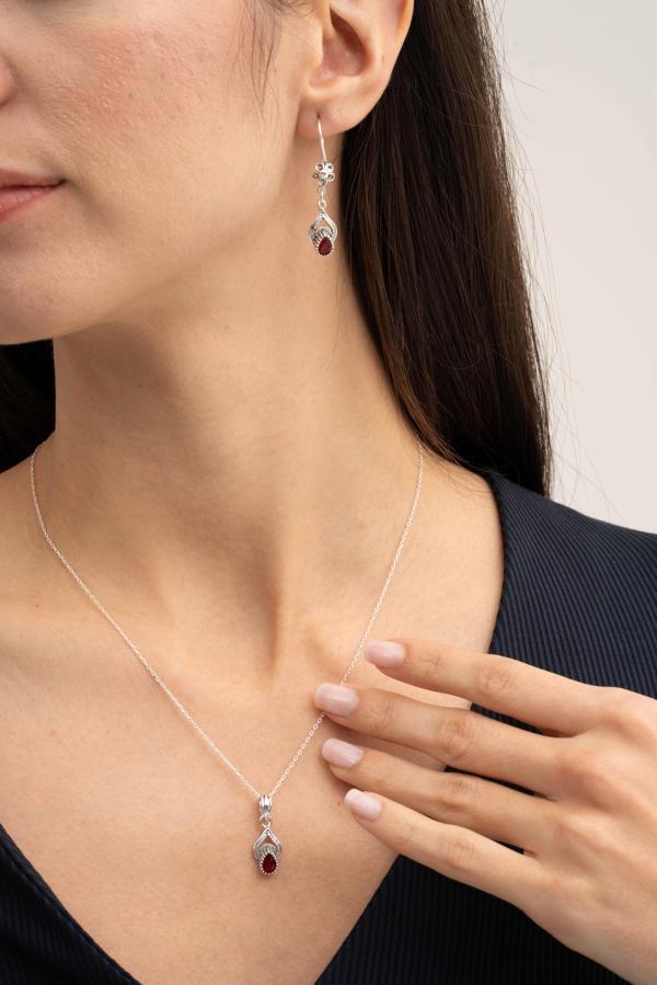 Telkari İşlemeli Elişi Gümüş Yakut Set 2197 - Image 1