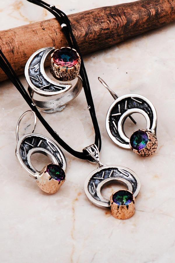 Mistik Topaz Taşlı Elişi Tasarım Gümüş Set 2272 - Image 1