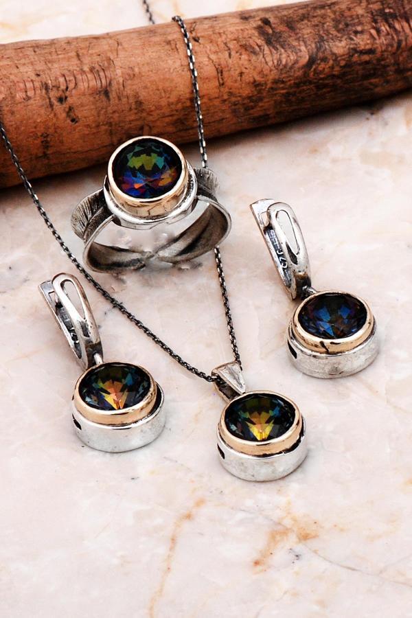 Mistik Topaz Taşlı Tasarım Elişi Gümüş Set 2293 - Image 1