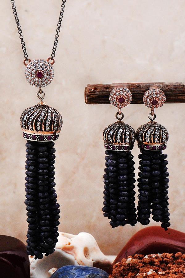 Safir Taşlı Tasarım Elişi Gümüş Set 2299 - Image 1