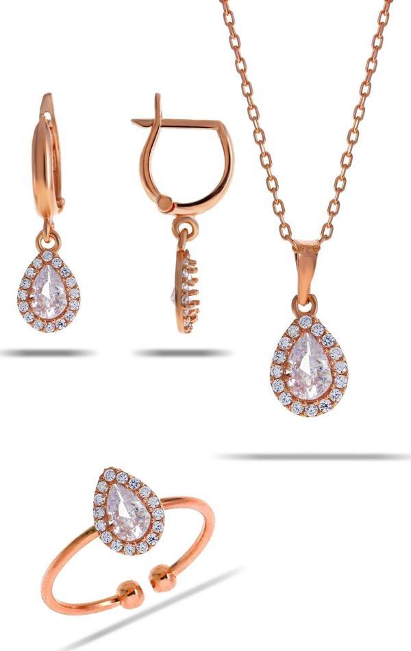 Kuvars Taşlı Damla Mini Rose Gümüş Set 2301 - Image 1