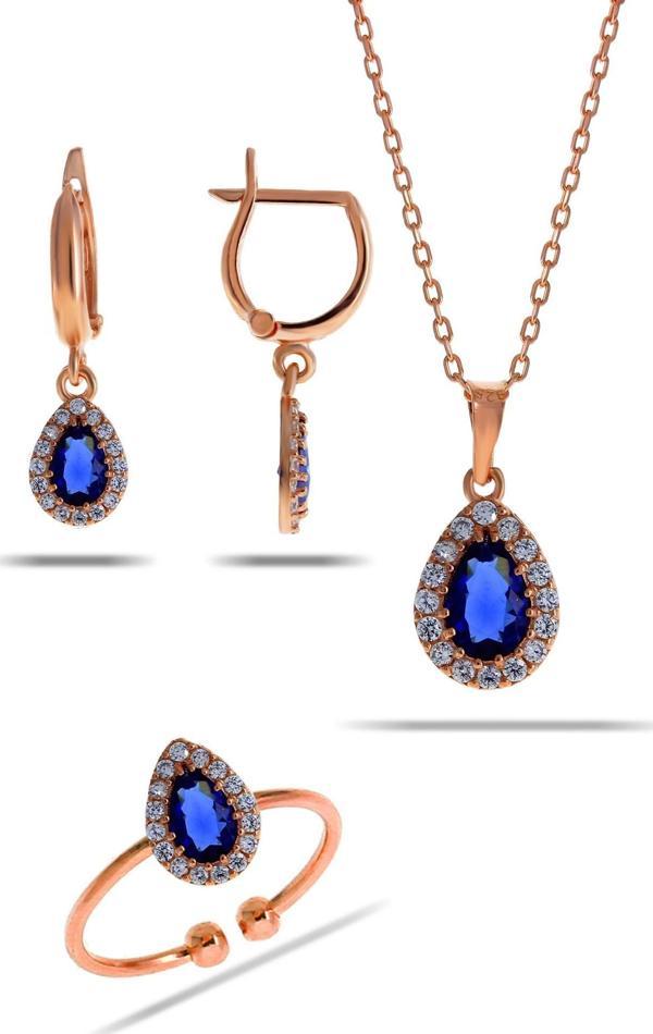 Safir Taşlı Damla Mini Rose Gümüş Set 2304 - Image 1