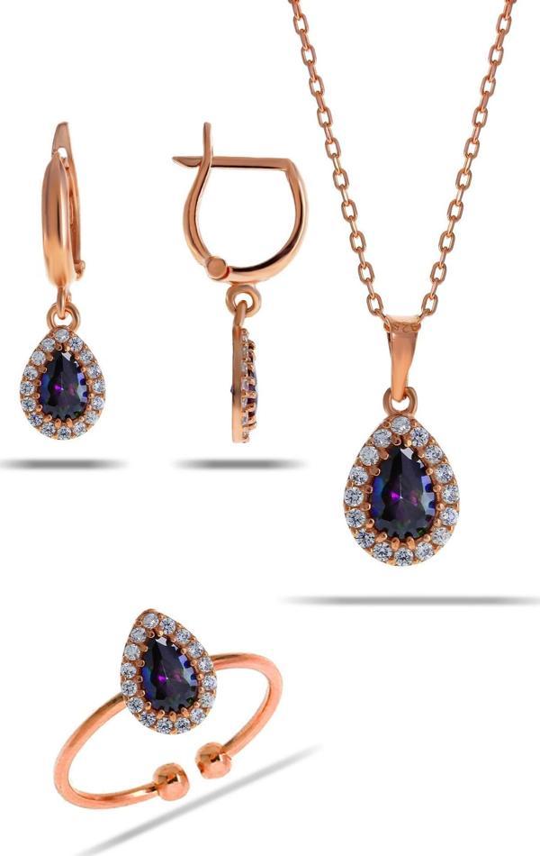 Mistik Topaz Taşlı Damla Mini Rose Gümüş Set 2305 - Image 1