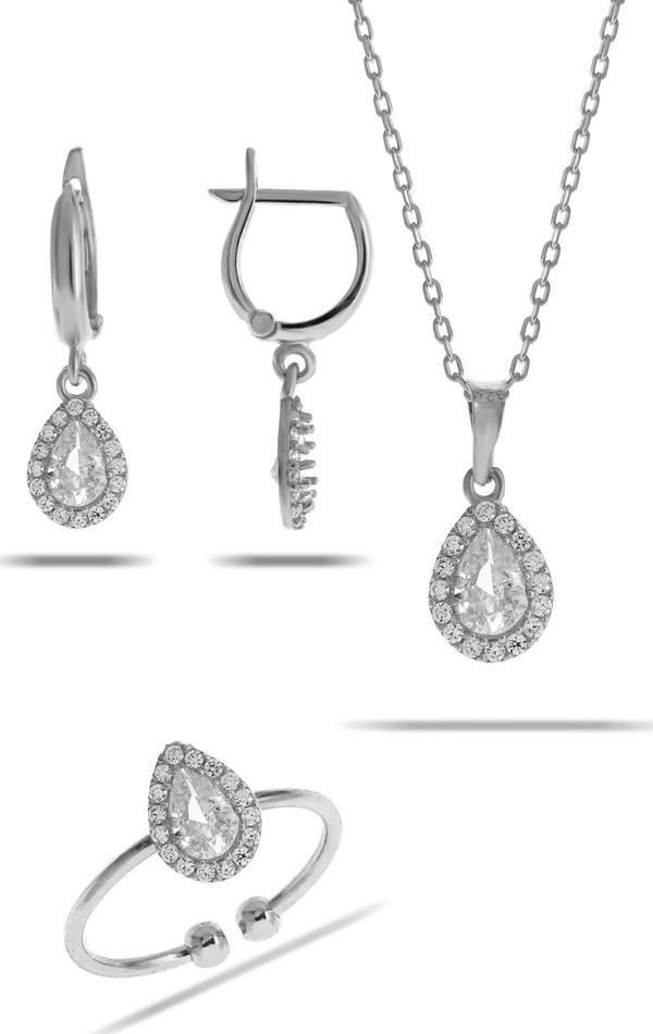 Kuvars Taşlı Damla Mini Rodyumlu Gümüş Set 2306 - Image 1